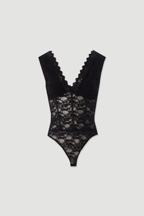 Body em renda preto com decote em V Ferrache
