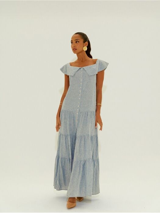 Vestido comprido em linho com decote quadrado Scripta