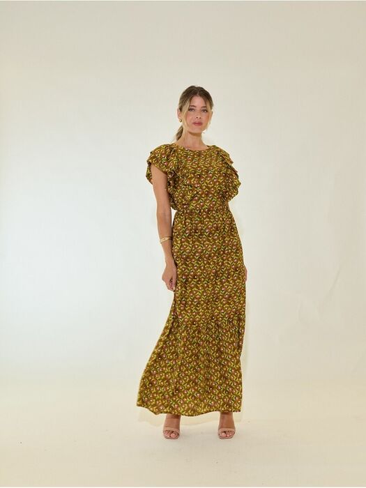 Vestido Comprido Estampado com Mangas em Folho Scripta