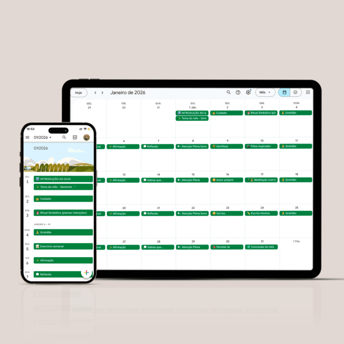 Guia Simbólico de Autoconhecimento e Gratidão 2026, para o calendário do google e apple