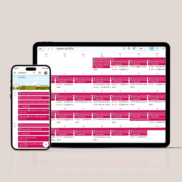 Agenda Simbólica Digital 2026, para o calendário do google e apple