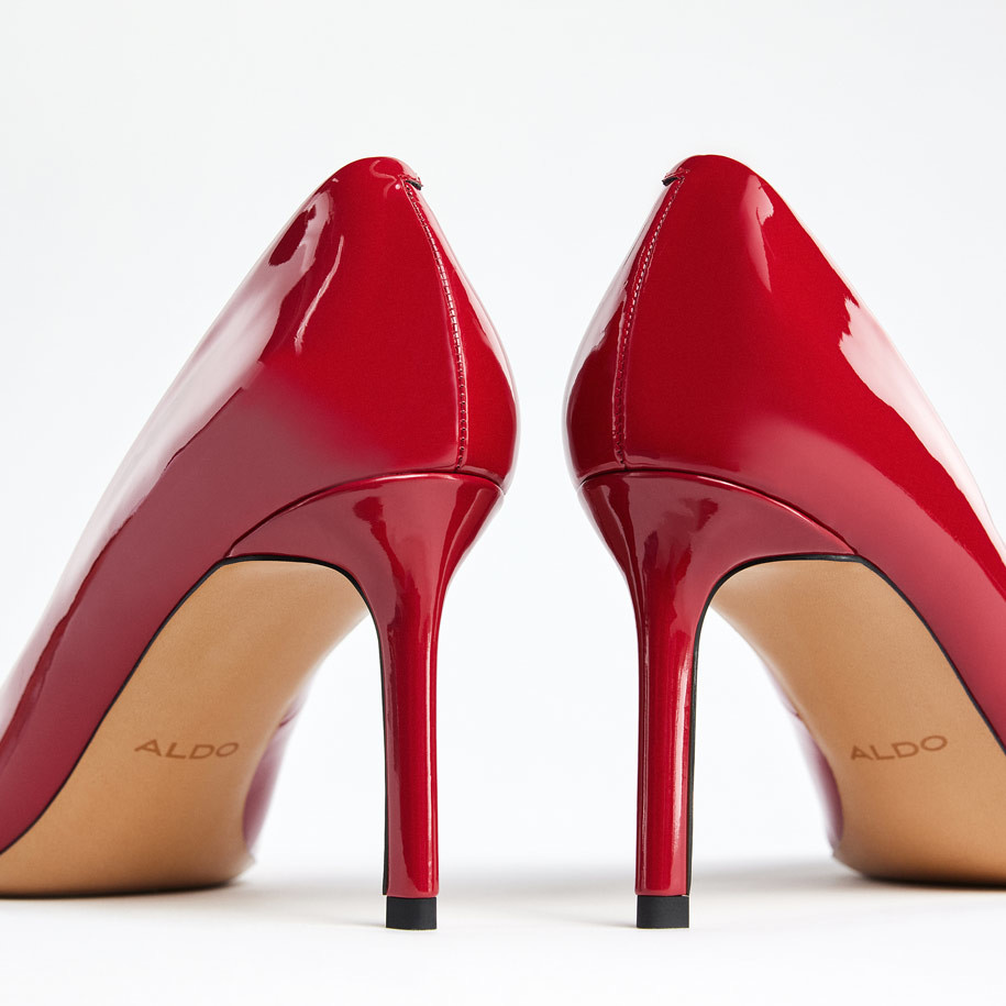 red patent pumps from the back