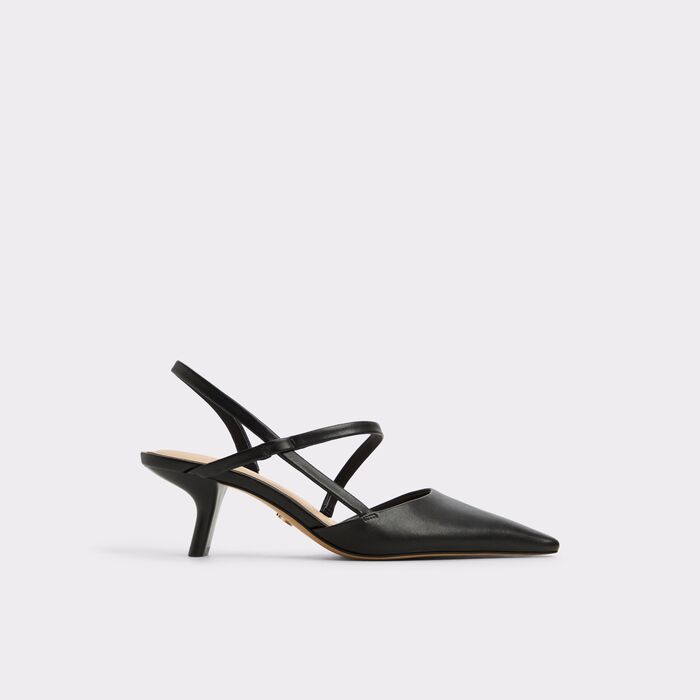 Kitten heeled shoes in black leather - CORDELA