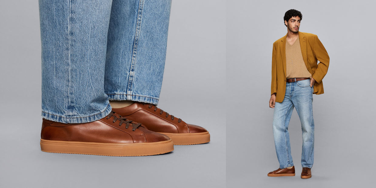 Side-by-side images of two sneakers: one is a beige and white athletic shoe with gold accents, and the other is a white casual sneaker with butterfly embellishments.