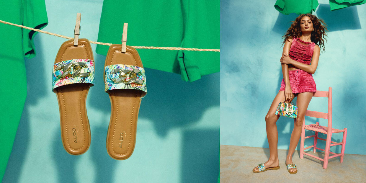 flat sandals hanging from a clothesline and a tanned woman dressed in pink holding a multicolored bag with matching sandals