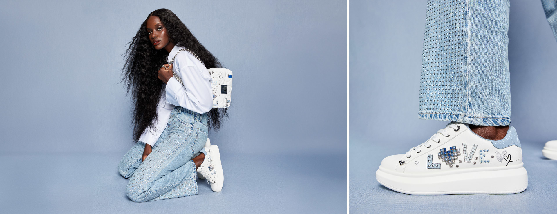 afro-descendant model wearing jeans and sneakers with matching bag with shiny stone details on a blue background