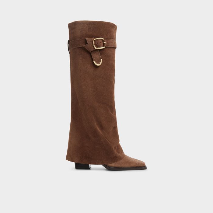 Botas de cano alto em pele castanho, salto em bloco - AMELLE