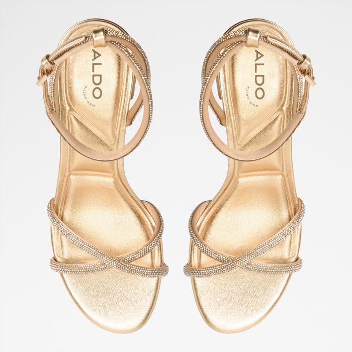 Sandalias en oro, tacón bloque - BOUCLIETTE