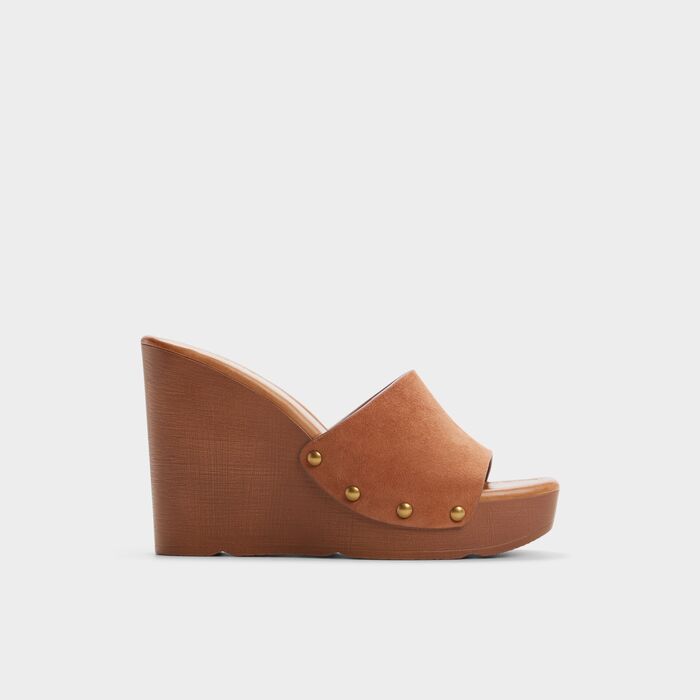 Mules de cuña en piel coñac - GROUNDED