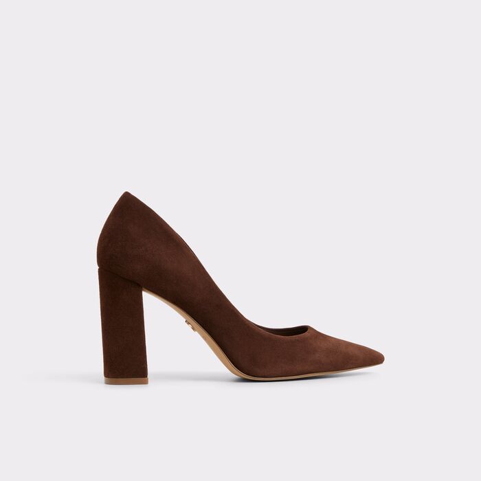 Zapatos de salón en piel marrón, tacón bloque - JAVABRIRYN