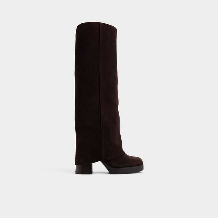 Botas de cano alto em pele castanho, salto em bloco - MAEVEH