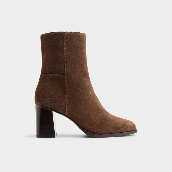 Botins em pele castanho, salto em bloco - MARLLIE