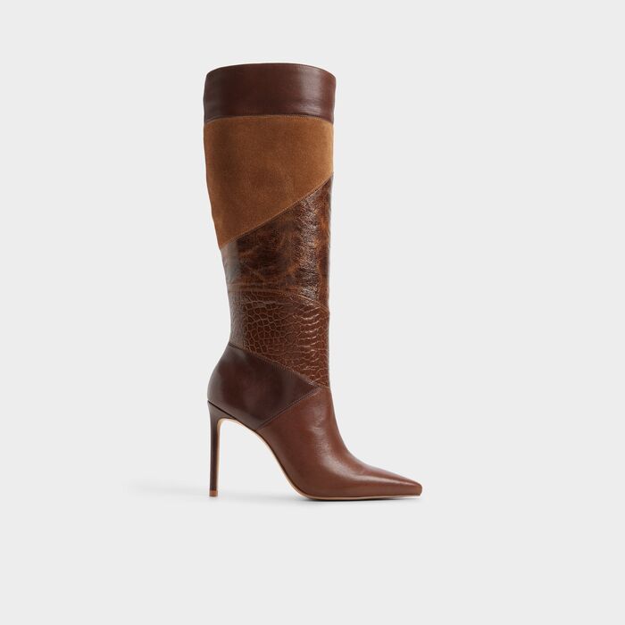 Botas de cano alto em pele castanho, salto fino - MARYA