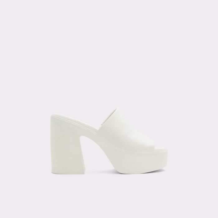 Mules em pele branco, salto em bloco com plataforma - MAYSEE