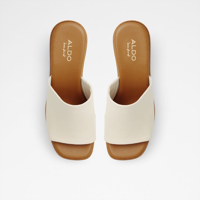 Mules em pele branco cru, salto em bloco com plataforma - MAYSEE