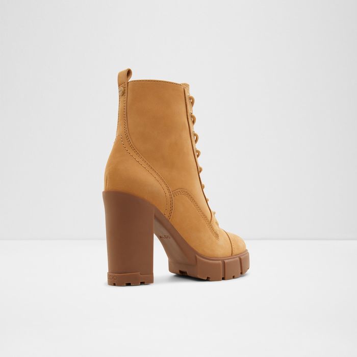 Botins em pele cognac, salto em bloco com plataforma - REBEL2.0