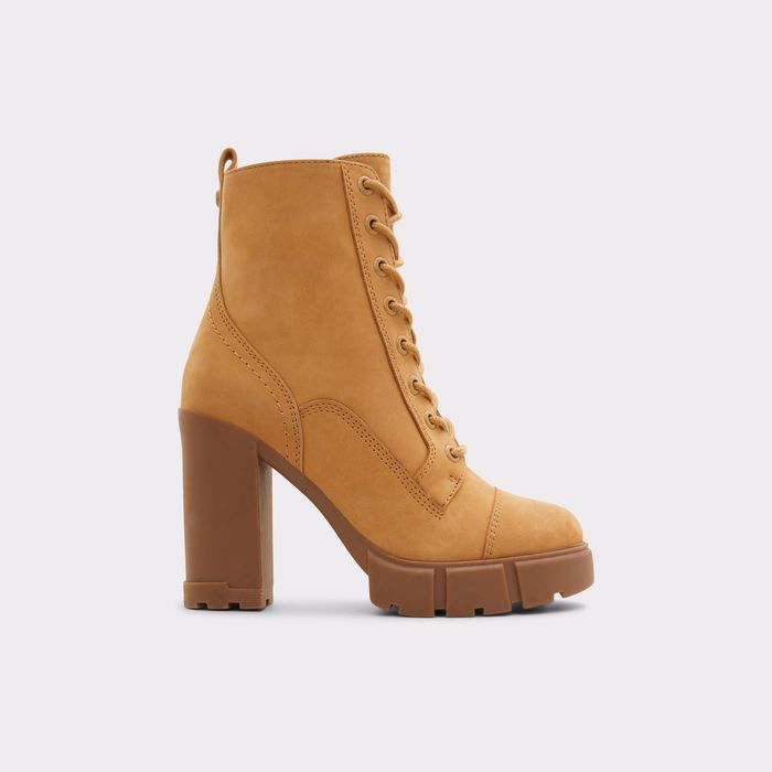 Botins em pele cognac, salto em bloco com plataforma - REBEL2.0