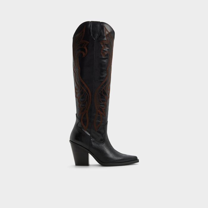 Botas de cano alto em pele preto, salto em bloco - REVOLVE