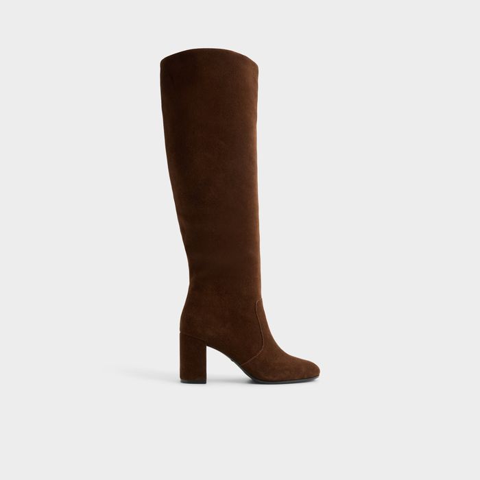 Botas de cano alto em pele castanho, salto em bloco - SELINE