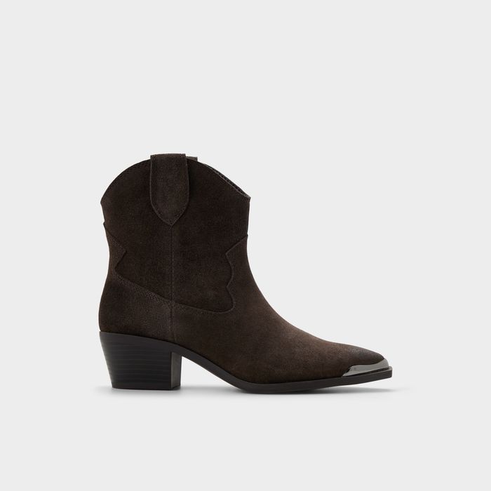Botins em pele castanho, salto em bloco - VALLEY