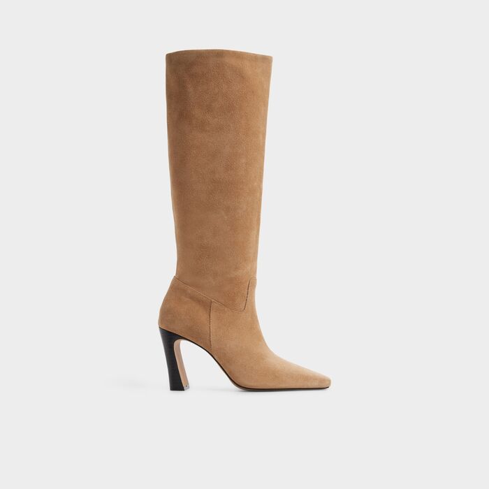 Botas de cano alto em pele bege, salto em bloco - VIVIENNA