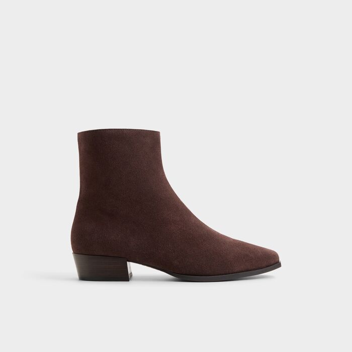 Botins em pele castanho, salto em bloco - ZAYLAA