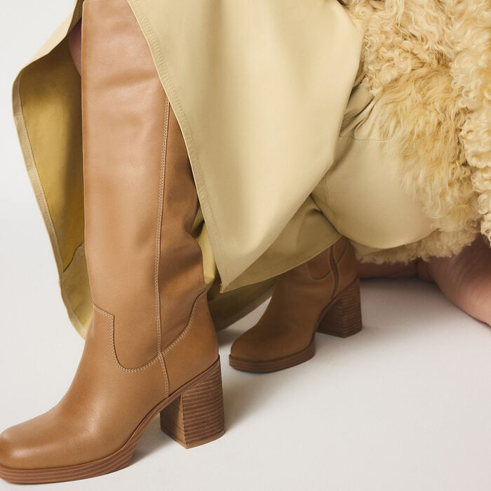 Botas en piel coñac, tacón bloque - JUNY