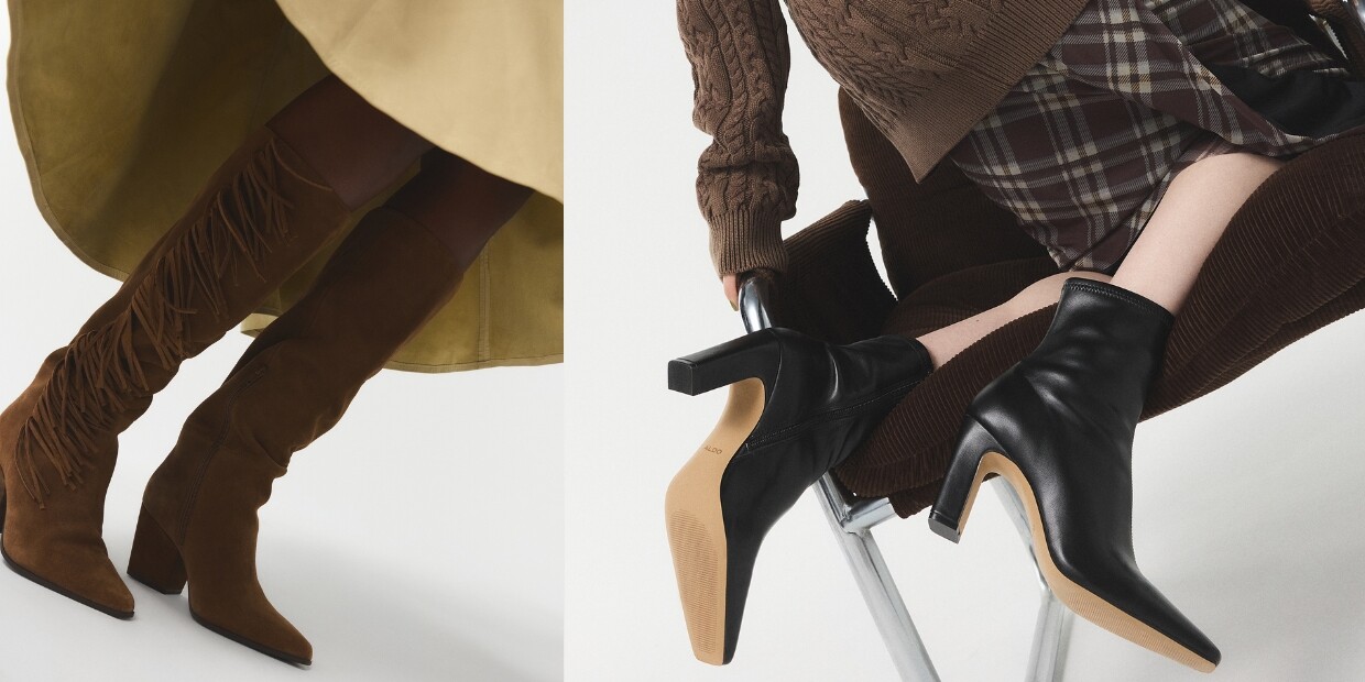 Botas altas de ante marrón y botines de cuero negro con tacón, en looks otoño-invierno.