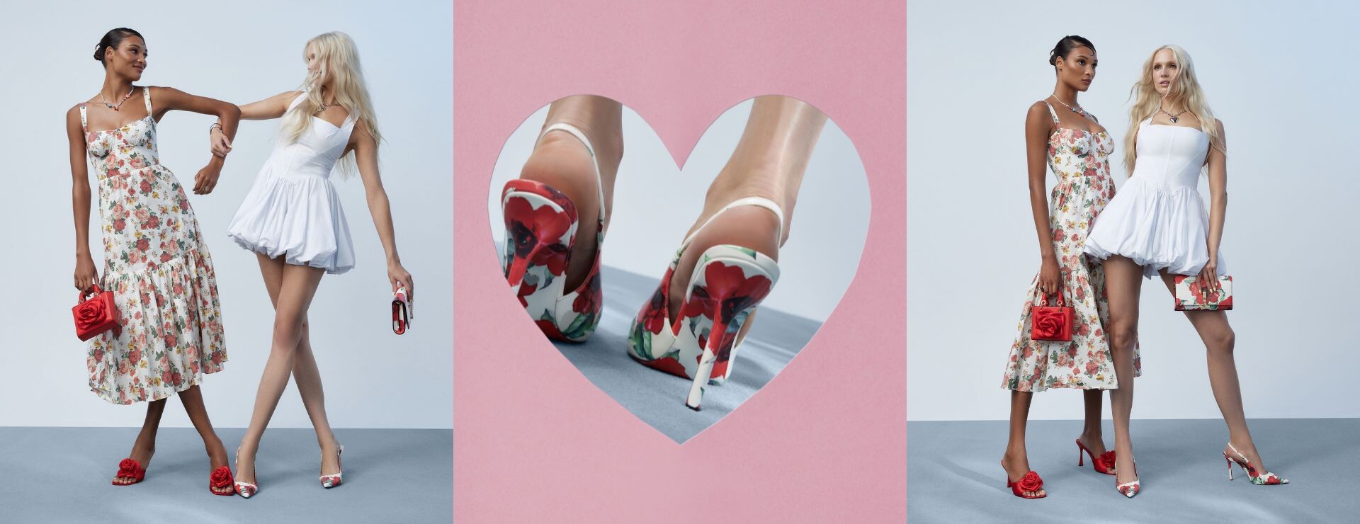 Mulher com um look festivo a andar na cidade, e sapatos brilhantes e festivos também espalhados pelas cidades.