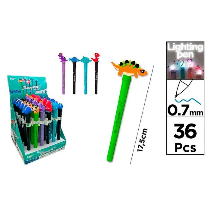 Esferográficas tinta azul 0,7 mm dinossauros luz, desenhos sortidos, 36 un