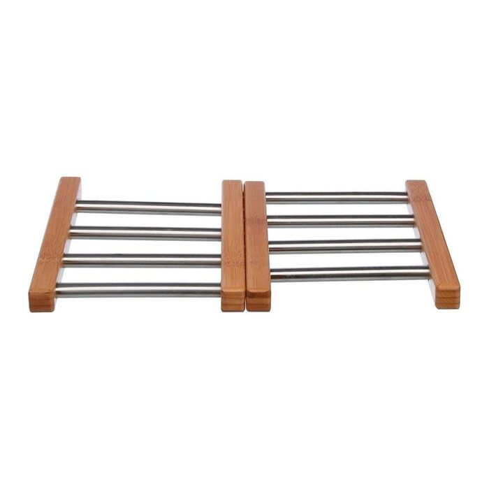 Descanso de panela extensível em bambu e aço inoxidável, 35,2 x 22,2 x 2 cm