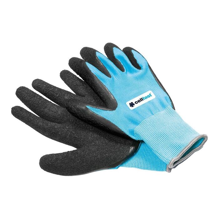 Luvas de jardinagem em poliéster com palma em látex, azul, t-08 (m)