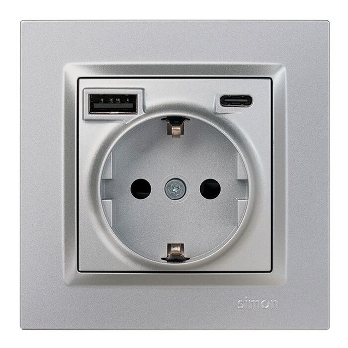Base tomada schuko + usb a+ c 10,5 w 16 a 250 v~, simon 10, alumínio