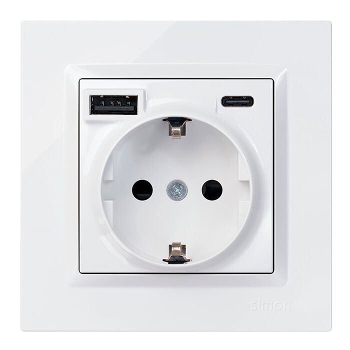 Base tomada schuko + usb a+ c 10,5 w 16 a 250 v~, simon 10, branco