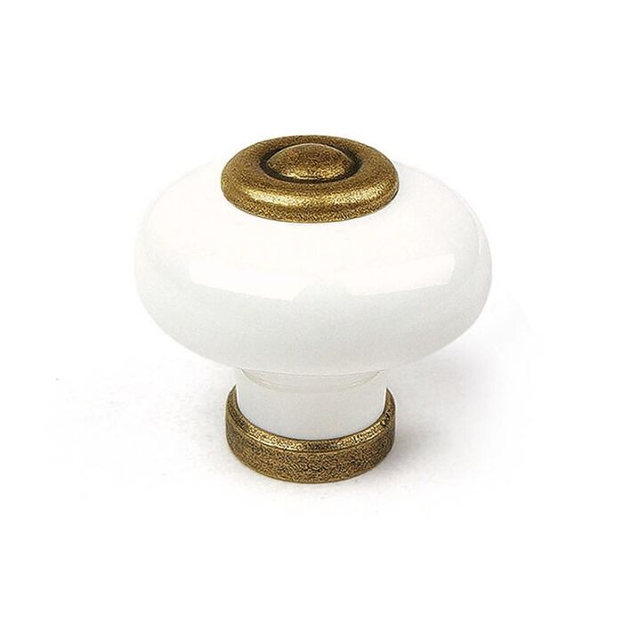 Puxador para móvel, modelo 824, em porcelana e zamac com acabamento em couro branco e envelhecido, ø31 mm