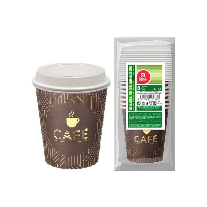 Copos de café de papelão + tampa com furo, 250cc, 8 uds