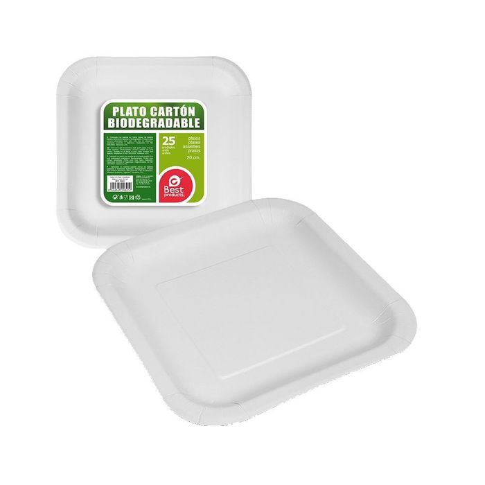 Pratos quadrados de cartão branco, 20 x 20 x 3 cm, 25 uds