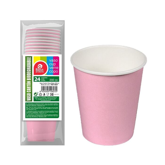 Copos de papelão rosa bebê, 200cc, 24 uts