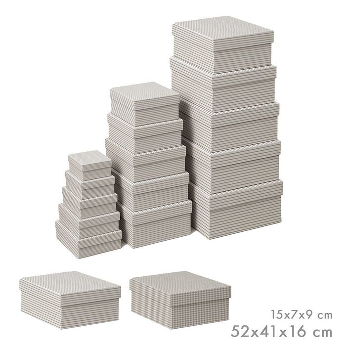 Caixas de armazenamento encaixáveis, design vichy/riscas, medidas variadas, set 15 peças