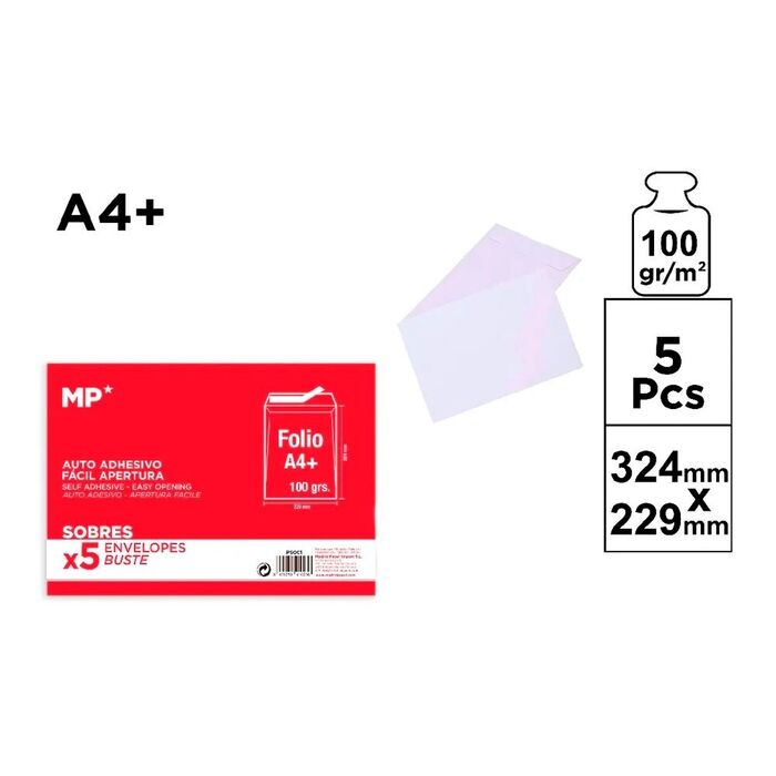 Envelopes autoadesivos brancos a4+ 324 x 229 mm, 5 un