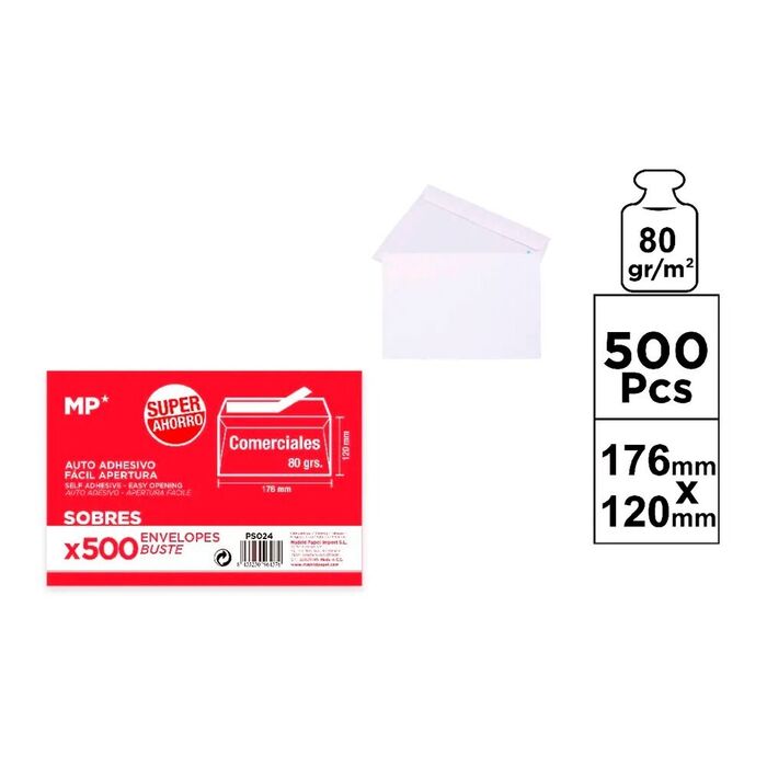 Envelopes comerciais brancos autoadesivos, 176 x 120 mm, 500 un