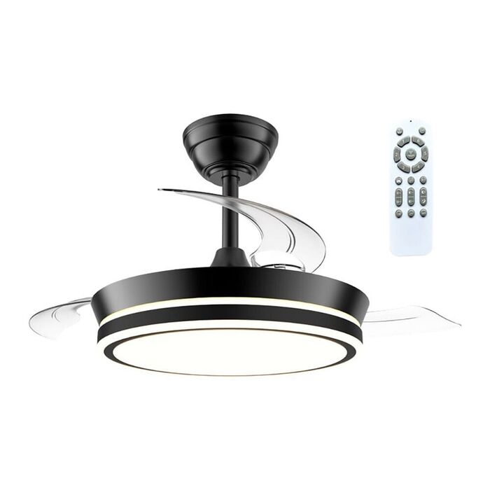 Ventilador de teto led cct, 3 pás retráteis 39 w, 4290 lm, preto, pás ø90 cm, plafon ø41 cm, altura 28 - 38 cm