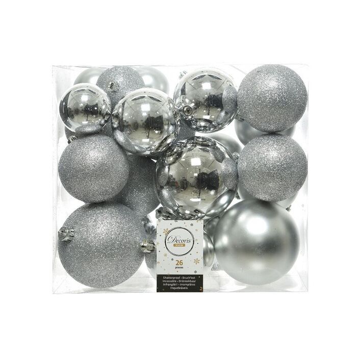 Pack de 26 bolas prateadas de vários tamanhos e distintas texturas para árvore de natal. decoris