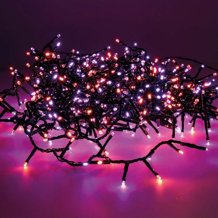 Grinalda led compact intermitente roxo e laranja 500 leds ip44 cabo preto 16m