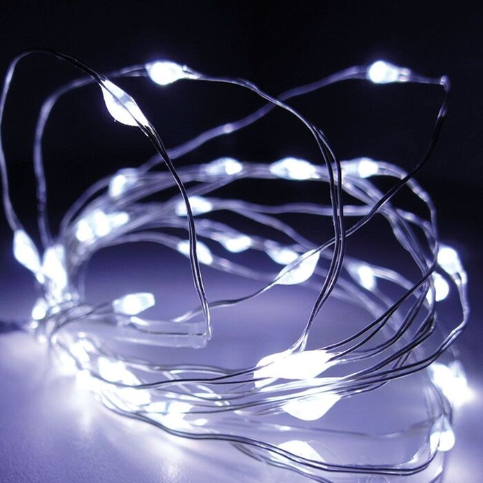 Guirlanda a pilhas, função fixa, 40leds, cabo de fio prateado, luz branca fria, 195cm