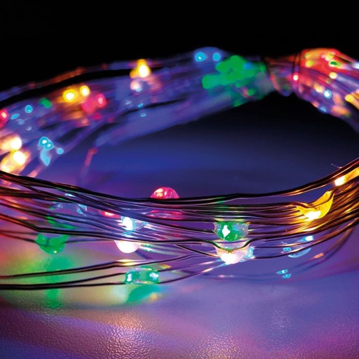 Guirlanda a pilhas, função fixa, 40leds, cabo de fio prateado, luz multicor, 195cm
