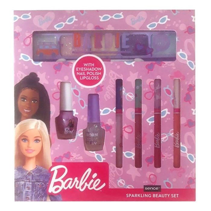 Kit cosméticos barbie 7 peças 4 gloss+1 sombra + 2 verniz para unhas