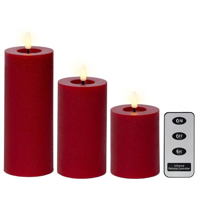 Vela de cera led, cor vermelha, acabamento rústico, ø7cm com diferentes alturas, 3 unidades