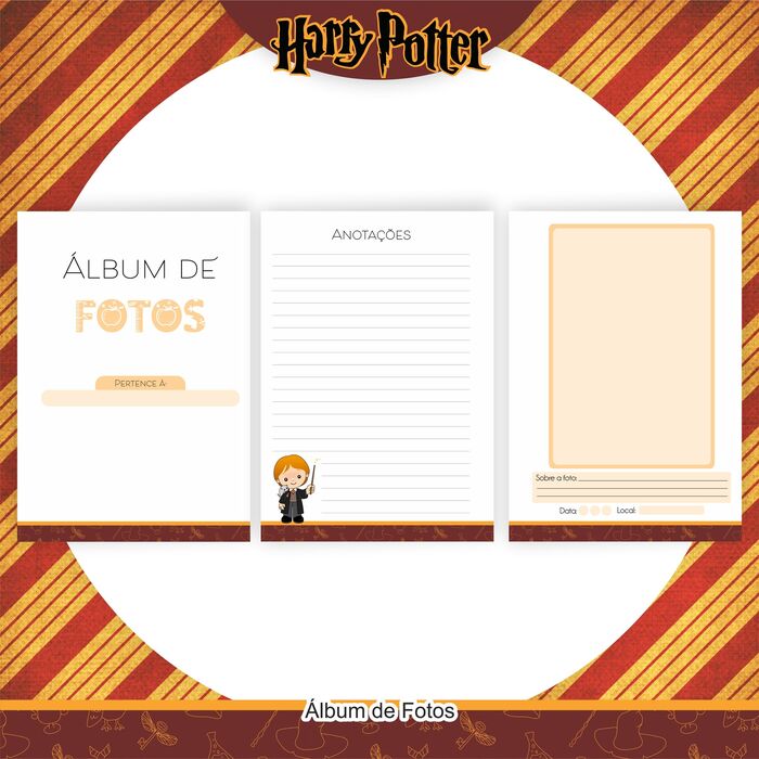 Layout de um álbum de fotos personalizado com o tema Harry Potter, apresentando uma capa com a frase 