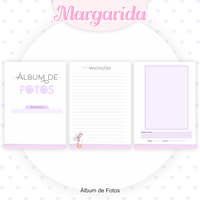 Um modelo de capa de álbum de fotos ilustrado e páginas internas. A capa tem 